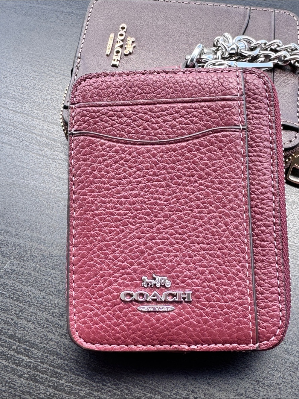 Coach Pebbled Leather Card Holder Wallet in Wine with Silver Hardware